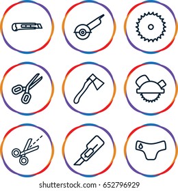 Sharp icons set. set of 9 sharp outline icons such as children panties, blade saw, cutter, saw blade, electric saw, axe