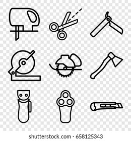 Sharp icons set. set of 9 sharp outline icons such as bllade razor, electric razor, circular saw, electric saw, scissors, cutter
