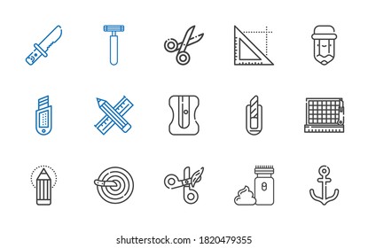 sharp icons set. Collection of sharp with anchor, electric razor, scissors, knife, pencil, cutting, cutter, sharpener, triangle, razor. Editable and scalable sharp icons.