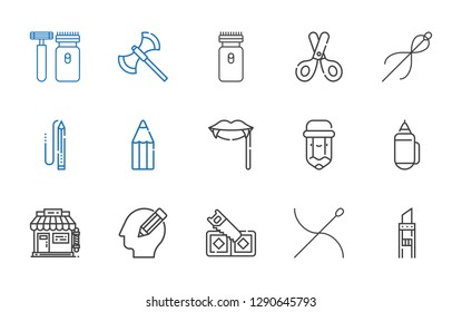 sharp icons set. Collection of sharp with cutter, needle, saw, pencil, barbershop, fangs, scissors, electric razor, axe, shaver. Editable and scalable sharp icons.