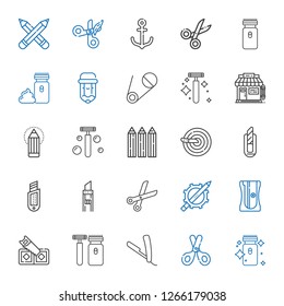 sharp icons set. Collection of sharp with electric razor, scissors, razor, shaver, saw, sharpener, pencil, cutter, knife, pencils, barbershop. Editable and scalable sharp icons.