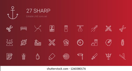 sharp icons set. Collection of sharp with knife, fangs, pencil, electric razor, saw, sand, pencils, needles, needle, hook, razor, poseidon. Editable and scalable sharp icons.