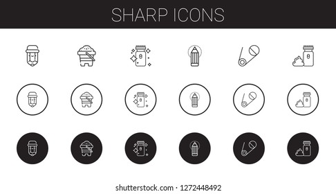 sharp icons set. Collection of sharp with pencil, sand, electric razor, safety pin. Editable and scalable sharp icons.