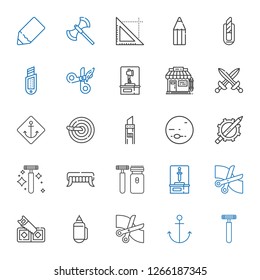 sharp icons set. Collection of sharp with razor, anchor, scissors, pencil, saw, sword, shaver, fangs, neptune, cutter, knife, swords, barbershop. Editable and scalable sharp icons.