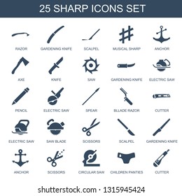 sharp icons. Trendy 25 sharp icons. Contain icons such as razor, gardening knife, scalpel, musical sharp, anchor, axe, knife, saw, electric saw. icon for web and mobile.
