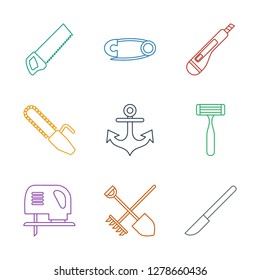 sharp icons. Trendy 9 sharp icons. Contain icons such as scalpel, shovel and rake, electric saw, razor, anchor, chain saw, cutter, pin, saw. sharp icon for web and mobile.