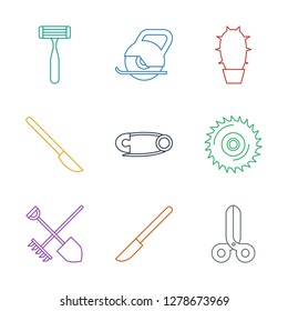 sharp icons. Trendy 9 sharp icons. Contain icons such as scissors, scalpel, shovel and rake, blade saw, pin, cactus, electric saw, razor. sharp icon for web and mobile.