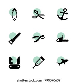 Sharp icons. vector collection filled sharp icons set.. includes symbols such as scissors, secateurs, saw, chainsaw, safety pin, injection. use for web, mobile and ui design.