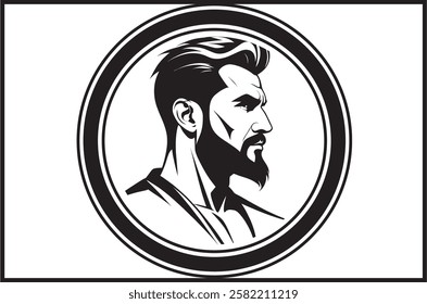 with a sharp, intense gaze. His strong facial features and detailed beard showcase masculinity and confidence, embodying the essence of a true barber. The design includes classic barber tools such as 