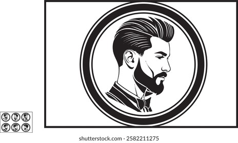 with a sharp, intense gaze. His strong facial features and detailed beard showcase masculinity and confidence, embodying the essence of a true barber. The design includes classic barber tools such as 