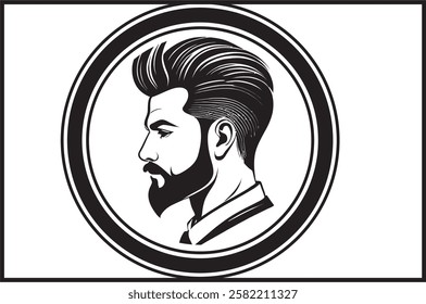 with a sharp, intense gaze. His strong facial features and detailed beard showcase masculinity and confidence, embodying the essence of a true barber. The design includes classic barber tools such as 