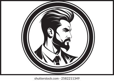 with a sharp, intense gaze. His strong facial features and detailed beard showcase masculinity and confidence, embodying the essence of a true barber. The design includes classic barber tools such as 