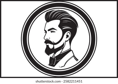 with a sharp, intense gaze. His strong facial features and detailed beard showcase masculinity and confidence, embodying the essence of a true barber. The design includes classic barber tools such as 