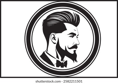 with a sharp, intense gaze. His strong facial features and detailed beard showcase masculinity and confidence, embodying the essence of a true barber. The design includes classic barber tools such as 