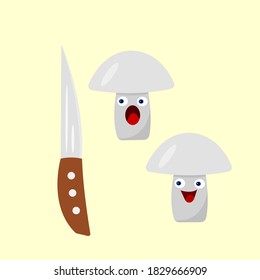 Sharp kitchen knife and cartoon characters mushrooms champignons with different emotions on a yellow background food and cooking concept
