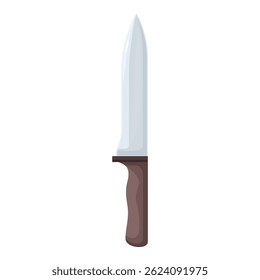 Sharp kitchen knife with a wooden handle is standing upright on a white background