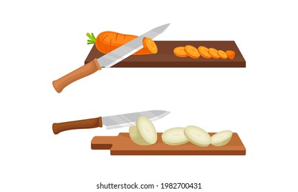 Sharp Knife Chopping Vegetables on Wooden Cutting Board Vector Set