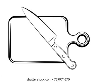 A sharp knife and a cutting board in the kitchen of the restaurant. Black and white logo blank. The process of cooking. Copy space.