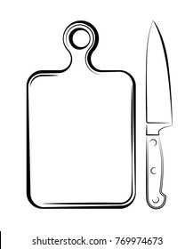 A sharp knife and a cutting board in the kitchen of the restaurant. Black and white logo blank. The process of cooking. Copy space.