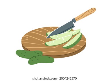 Sharp knife cutting vegetable into pieces. Splitting cucumber into quarters on wooden kitchen board. Food preparation for cooking. Flat vector illustration of veggie isolated on white background