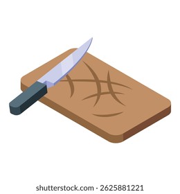 Faca afiada deitada em uma tábua de corte de madeira com marcas de corte ícone isométrico 3d