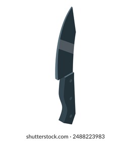 Sharp knife pointing up with black handle is isolated on white background