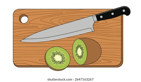 Sharp Knife Slicing Fresh Kiwi Fruit on Wooden Cutting Board