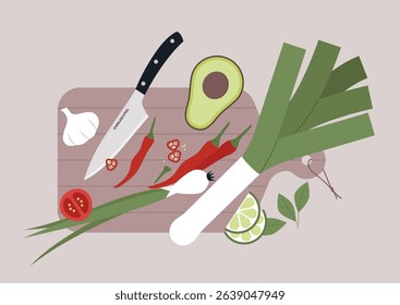 A sharp knife and various fruits and vegetables on a wooden cutting board