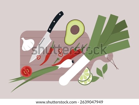 A sharp knife and various fruits and vegetables on a wooden cutting board