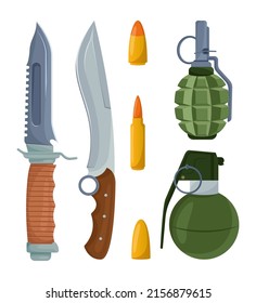 Cuchillos afilados, balas y granadas ilustradas. Equipo militar para soldados de fondo blanco. Armamento blade, guerra, conflicto militar, concepto de asalto
