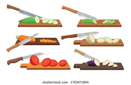 Sharp Knives with Wooden Handle Chopping and Slicing Vegetables on Cutting Board Vector Set