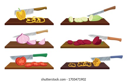 Sharp Knives with Wooden Handle Chopping and Slicing Vegetables on Cutting Board Vector Set