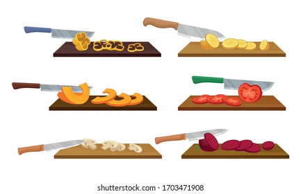 Sharp Knives with Wooden Handle Chopping and Slicing Vegetables on Cutting Board Vector Set