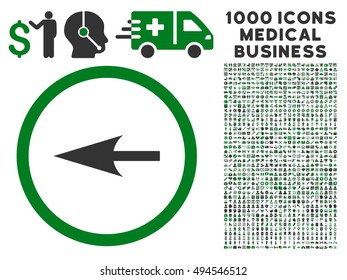 Sharp Left Arrow icon with 1000 medical commercial green and gray vector pictographs. Design style is flat bicolor symbols, white background.