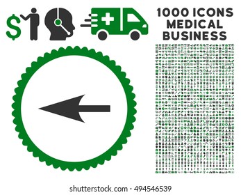 Sharp Left Arrow icon with 1000 medical commerce green and gray vector pictograms. Set style is flat bicolor symbols, white background.