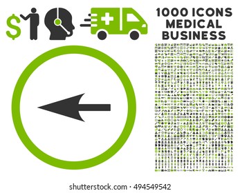 Sharp Left Arrow icon with 1000 medical commercial eco green and gray vector pictograms. Collection style is flat bicolor symbols, white background.