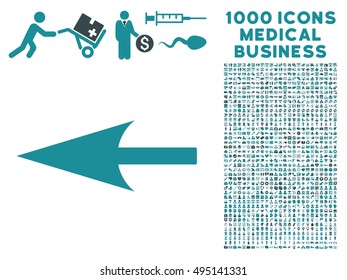 Sharp Left Arrow icon with 1000 medical commerce soft blue vector pictographs. Clipart style is flat bicolor symbols, white background.