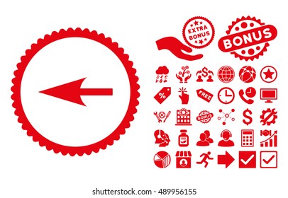Sharp Left Arrow icon with bonus clip art. Vector illustration style is flat iconic symbols, red color, white background.
