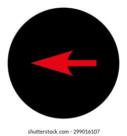 Sharp Left Arrow icon from Primitive Round Buttons OverColor Set. This round flat button is drawn with intensive red and black colors on a white background.