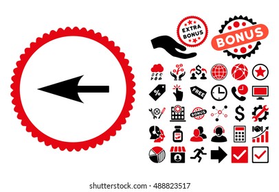 Sharp Left Arrow pictograph with bonus pictogram. Vector illustration style is flat iconic bicolor symbols, intensive red and black colors, white background.