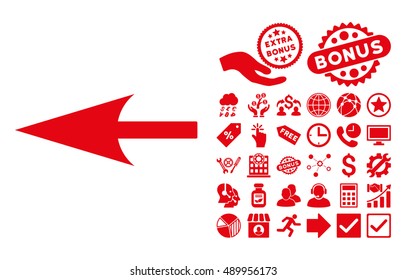 Sharp Left Arrow pictograph with bonus pictogram. Vector illustration style is flat iconic symbols, red color, white background.