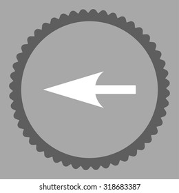 Sharp Left Arrow round stamp icon. This flat vector symbol is drawn with dark gray and white colors on a silver background.