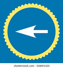 Sharp Left Arrow round stamp icon. This flat vector symbol is drawn with yellow and white colors on a blue background.