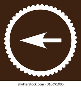 Sharp Left Arrow round stamp icon. This flat vector symbol is drawn with white color on a brown background.