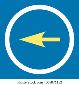 Sharp Left Arrow vector icon. This rounded flat symbol is drawn with yellow and white colors on a blue background.