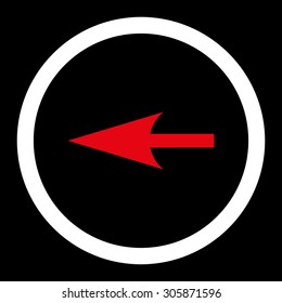 Sharp Left Arrow vector icon. This rounded flat symbol is drawn with red and white colors on a black background.