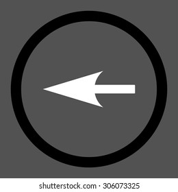 Sharp Left Arrow vector icon. This rounded flat symbol is drawn with black and white colors on a gray background.