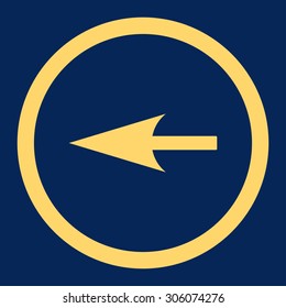 Sharp Left Arrow vector icon. This rounded flat symbol is drawn with yellow color on a blue background.