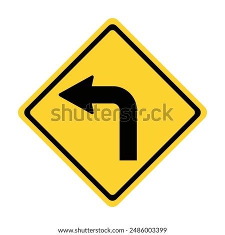 Sharp Left Turn yellow road sign, 90-Degree Left Turn, Left Turn Ahead