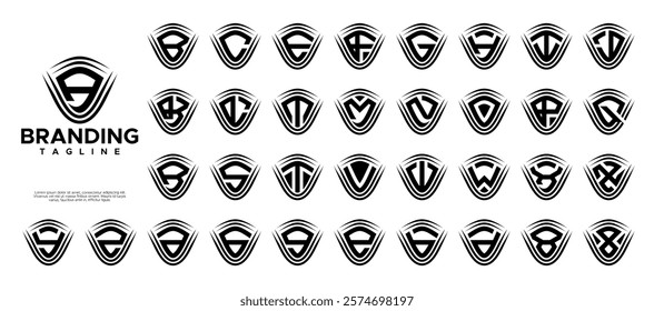 Sharp line security shield letter A-Z logo set